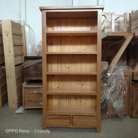 Rustic Oak - 90cm : Kệ Sách Gỗ Sồi 5 Tầng + 2 Ngăn Kéo